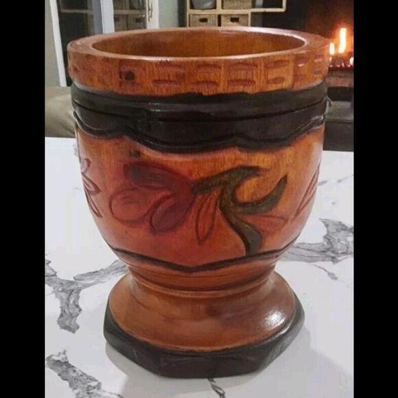 Vintage Wood Hand Turned Carved Floral Three Tone Mortar and Pestle LARGE - Picture 4 of 9